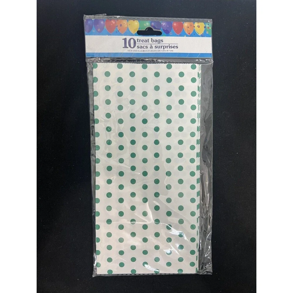 10 Treat Bags – Green Polka Dot – Party Favor Bags – New Sealed